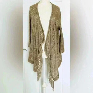 Chico’s Cardigan Sweater Tan Sparkle Sequin Open Knit Fringe Size 0🩶